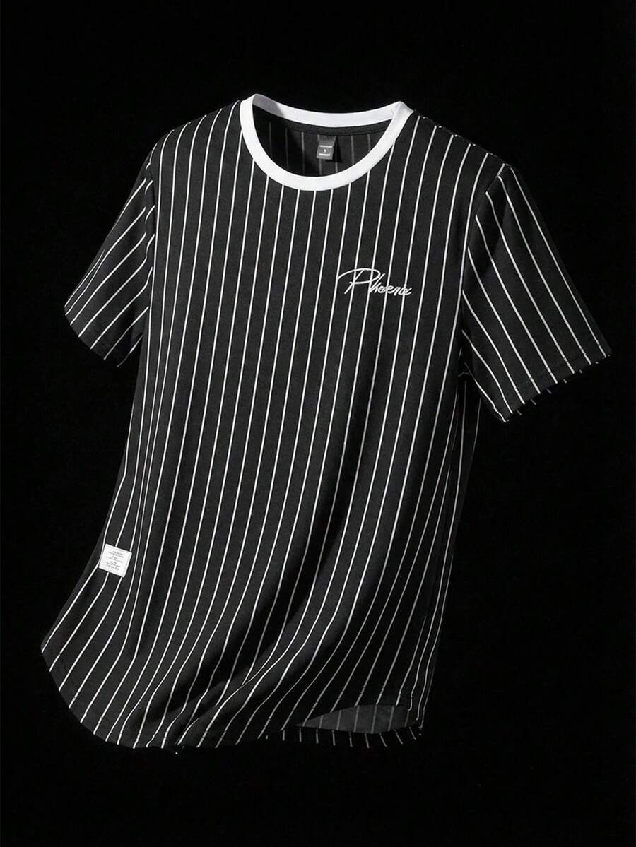 Manfinity RebelGame Men's Striped Short Sleeve Knit Crew Neck Casual T-Shirt - Black and White - View 1