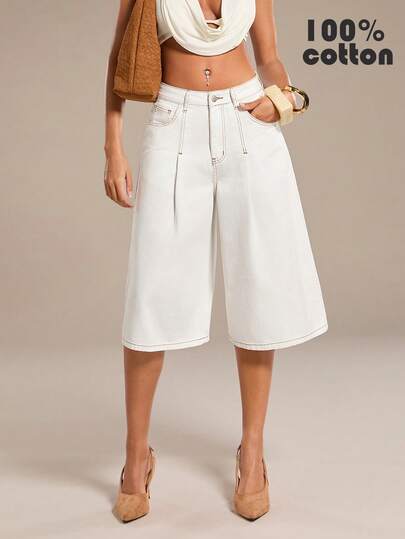 Normani Women's White Shorts, Low-Rise Bermuda Shorts, Wide-Leg Mid-Length Shorts, Comfortable 100% Cotton Denim, With Pockets. Baggy Jorts