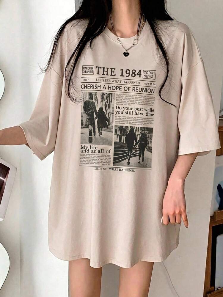 Teen Girls Casual Loose Fashionable Versatile Short Sleeve Printed T-Shirt, Popular Style Summer