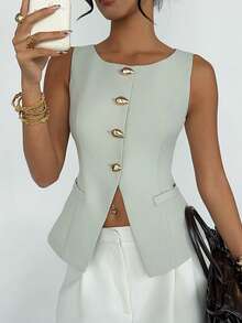 DAZY Women's Sleeveless Solid Color Fitted Waist Elegant Formal Summer Top Vest Business Casual Woman - Green - View 1