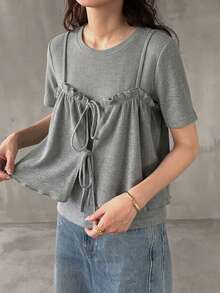 FRIFUL 女士两件套，宽松圆领短袖，系带蝴蝶结褶皱荷叶边装饰家居服套装，夏季女士休闲装 - 灰色 - 查看 5