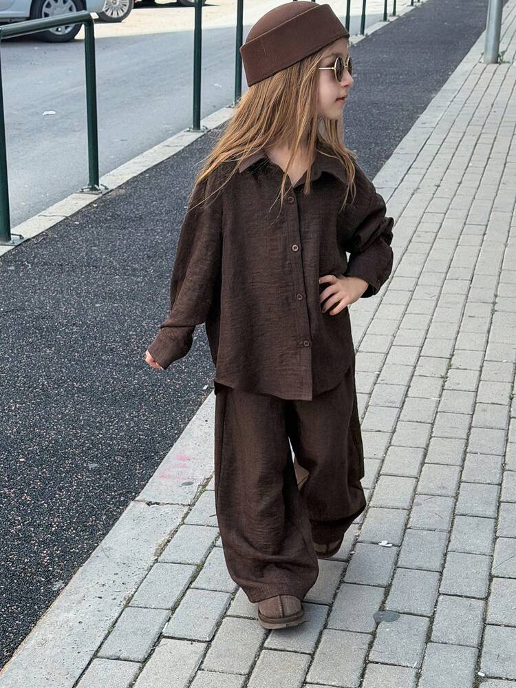 Young Girls Casual Loose Shirt + Wide Leg Pants 2-Piece Set