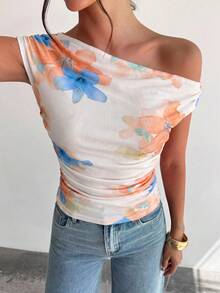 女士不对称肩部扎染印花褶皱不对称领口T恤上衣，印花上衣，不对称肩部上衣，春夏服装，沙滩装，通勤装，优雅，性感，度假装，海滩装，波西米亚风，夏威夷风情，音乐节装，浪漫装，约会装 - 杏色 - 查看 4