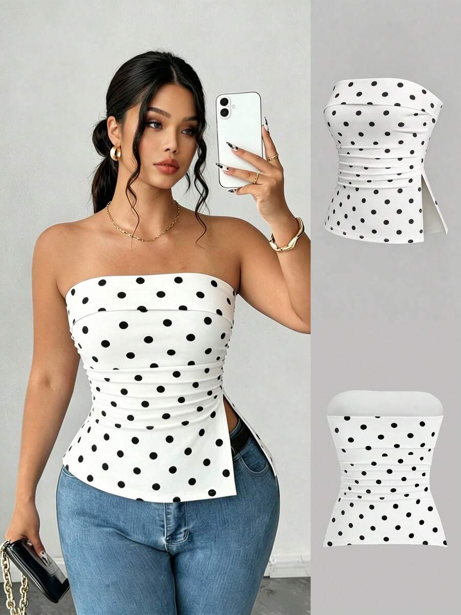SHEIN Elenzya Áo ống chấm bi dáng rộng, đa năng dành cho nữ cỡ lớn - Nhiều màu - Xem 1