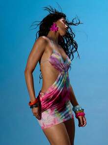 MUSERA Multicolour Print Halterneck Ruched Bust Drape Over Waist Tie Back Detail Fitted Mesh Mini Dress Summer Beach - Blue - View 3