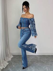 Elenzga 2pcs/Set Women's Stylish Denim Outfit, Long Sleeve Cold-Shoulder Top And High Waist Pants - Medium Wash - View 4