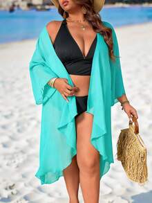 Swim Lushoire Plus Size Women's Solid Black Kimono Style Lightweight Loose Beach Cover Up, Mature & Minimalist Design - Teal Blue - View 5