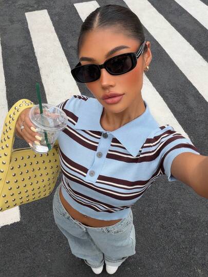 Muchica Striped Multicolor Pattern Half-Zip Casual Versatile Short Sleeve Knit Top