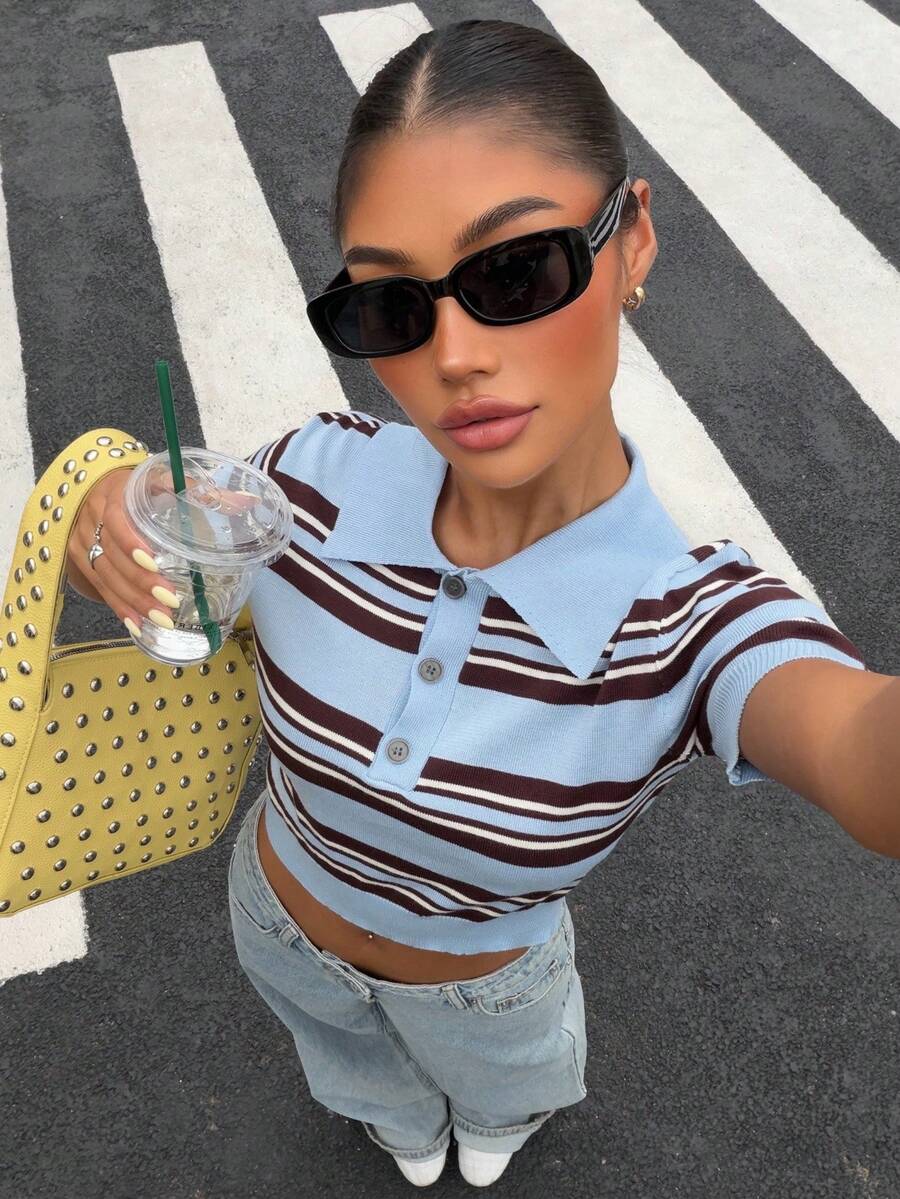 SHEIN Muchic Striped Multicolor Pattern Half-Zip Casual Versatile Short Sleeve Knit Top - Multicolor - View 1
