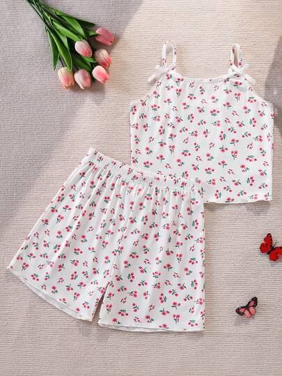Conjunto de pijama de 2 piezas con camiseta de tirantes y pantalones cortos con estampado floral para niñas preadolescentes