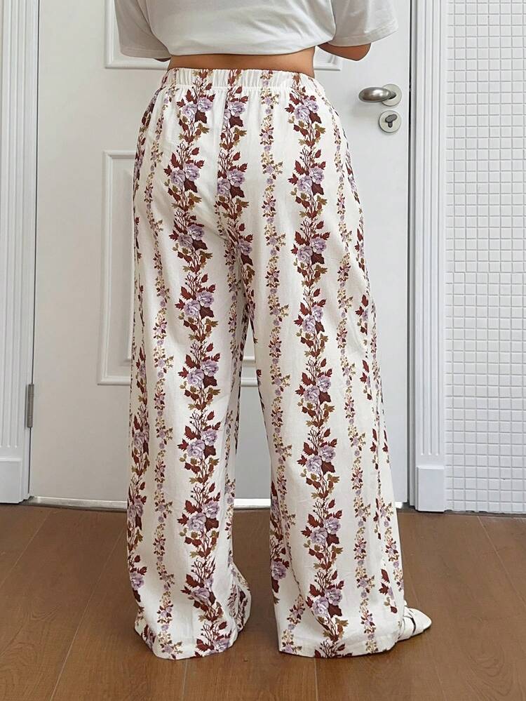 Dazy Plus Plus Size Women's Loose Floral Print Pajama Pants, Vacation Plant Allover Print Sleepwear Bottoms, Spring/Summer