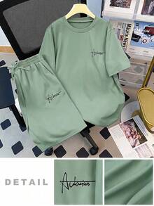 SHEIN 2 pezzi/set Maglietta a maniche corte e pantaloncini casual, versatili e comodi con stampa di lettere di alto valore per ragazzi adolescenti, stile urbano e casual - Menta Verde - Visualizzare 4