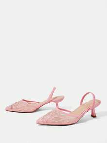 CUCCOO HITCHD 女款四季珍珠串珠刺繡網格元素尖頭細高跟鞋 氣質時尚性感 Slingback 綁帶穆勒鞋 露跟高跟涼鞋 婚禮下午茶派對情人節伴娘新娘婚鞋 優雅穿搭 - 粉色 - 查看 3