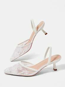 CUCCOO HITCHD 女款四季珍珠串珠刺繡網元素尖頭細高跟鞋 氣質時尚性感 Slingback 綁帶穆勒鞋 露跟高跟涼鞋 婚禮下午茶派對情人節伴娘新娘婚鞋 優雅穿搭 - 白色A - 查看 3