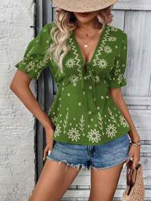 Hotletica Áo kiểu nữ phong cách Bohemian, thêu họa tiết, buộc dây, xếp nếp, thích hợp cho kỳ nghỉ. - xanh quân đội - Xem 1