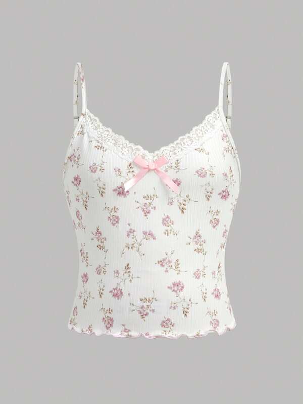 SHEIN Girlism Áo tank top hai dây dệt kim in hoa cho bé gái tuổi teen, phối viền tương phản và nơ, kiểu dáng thoải mái, đa năng cho kỳ nghỉ, dã ngoại, tiệc tùng.