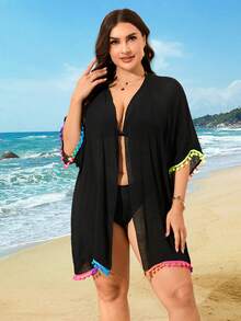 Swim Lushoire Plus Size Women Colorful Fringe & Pom Pom Decor Loose Thin Lightweight Beach Cover-Up Kimono For Summer Beach Vacation - Black - View 5