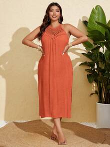 SHEIN Swim Curve 加大码手工钩编镂空性感修身海滩长裙，侧开衩，轻盈 - 橘色 - 查看 6
