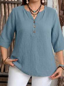 EMERY ROSE Women's Summer 3/4 Sleeve 100% Blue Double-Layer Crinkle Fabric Casual Shirt, Suitable For Spring & Summer - Blue - View 5