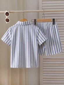 SHEIN Bộ 2 món áo sơ mi và quần short dệt kim kẻ sọc cho bé trai - Nhiều màu - Xem 2
