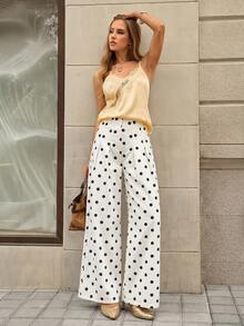 Selenza Women's Polka Dot Pattern Pleated Wide Leg Loose Denim Pants - Beige - View 4