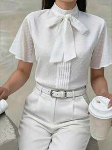 Heiryn Blouse élégante à manches volantées avec col noué, couleur unie, pour le bureau et les déplacements, été - Blanc - Voir 2