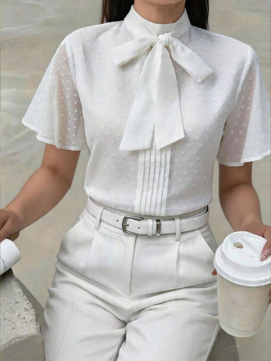 Heiryn Blouse élégante à manches volantées avec col noué, couleur unie, pour le bureau et les déplacements, été