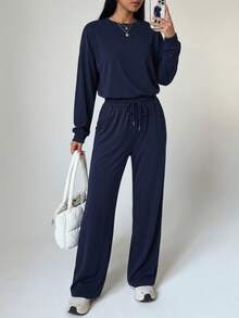 SHEIN Daily&Casual 女士运动套装 - 寶藍色 - 查看 2