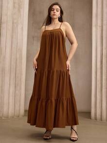 Flouryn Plus Size Women Solid Color Ruffle Hem Camisole Dress Gym Brown Summer - Brown - View 6