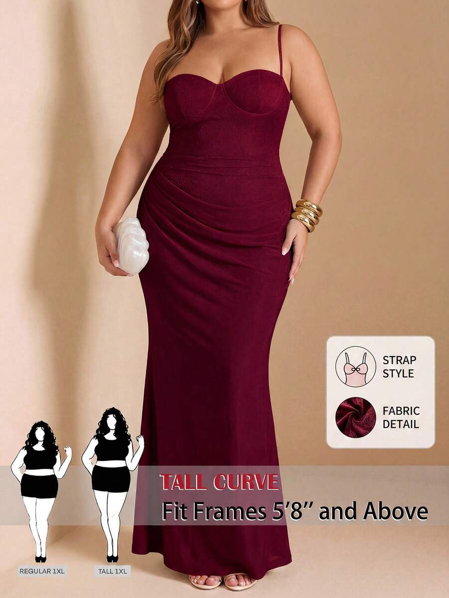 SHEIN Tall CURVE 大码女士纯色修身吊带派对连衣裙 - 酒紅色 - 查看 1