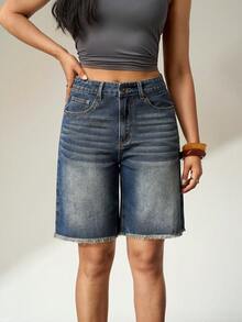 SHEIN FlexDen 女士休闲宽松阔腿直筒5英寸牛仔短裤 - 深色水洗藍 - 查看 4