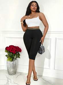EMERY ROSE Plus Size Women's Black And Gold Printed Knit Cinched Waist Skinny Casual Leggings,Summer Classy Night Biker Short Capris Long Shorts With Stretch - Black - View 1