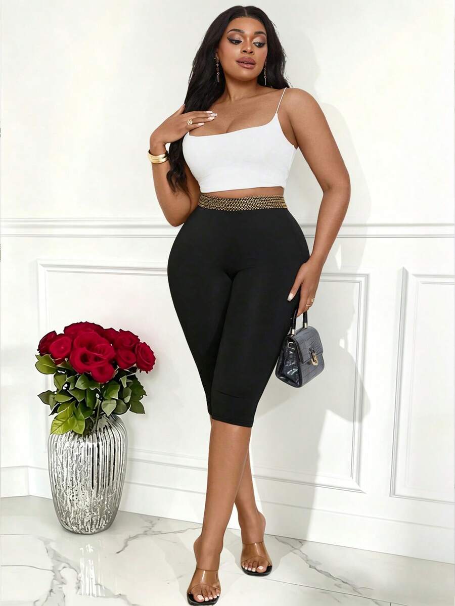 EMERY ROSE Plus Size Women's Black And Gold Printed Knit Cinched Waist Skinny Casual Leggings,Summer Classy Night Biker Short Capris Long Shorts With Stretch - Black - View 1