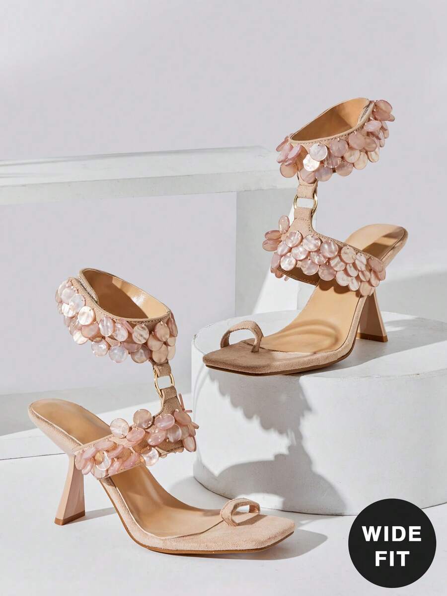 SHUZIA Wide Fit Ladies Minimalist Ankle Strap Stiletto Heel Sandals With Shell Ornaments - Beige - View 1