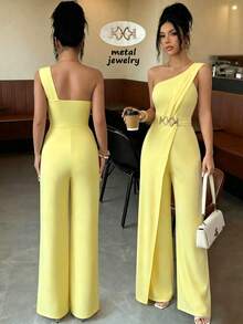 SHEIN Elenzya Bộ áo liền quần nữ màu trơn, kiểu dáng thường ngày, thoải mái. - Màu vàng - Xem 1