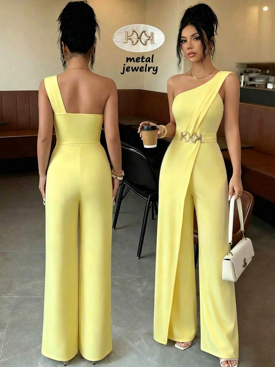 SHEIN Elenzya Bộ áo liền quần nữ màu trơn, kiểu dáng thường ngày, thoải mái. - Màu vàng - Xem 1