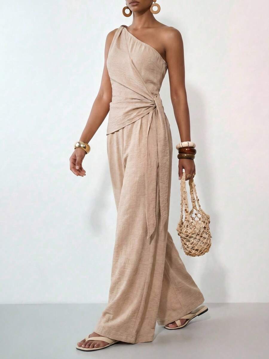 Zivah Women's Sleeveless Loose Jumpsuit With Asymmetric Shoulder Design - Khaki - View 1