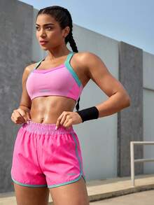 Powerista Women's Contrast Color Splice Halter Top And Shorts Sports Suit - Pink - View 7