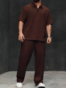 Manfinity Homme Plus Size Men's Solid Color Polo Shirt With Drawstring And Pants Casual Commuter Suit - Brown - View 4