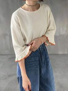 FRIFUL Women's Casual Striped Loose T-Shirt, Versatile For Spring And Summer - Apricot - View 3