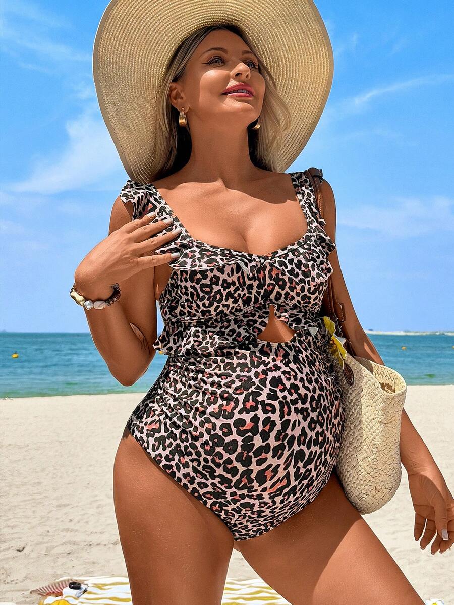 SHEIN Bộ áo liền quần thời trang họa tiết da báo dành cho bà bầu, có bèo nhún ở gấu. - Nhiều màu - Xem 1