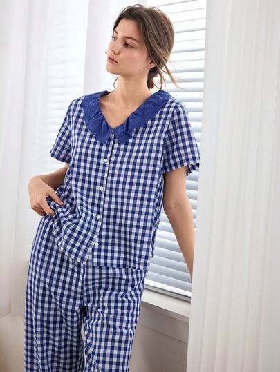 Ocili Bộ đồ ngủ ngắn tay bằng vải cotton kẻ caro thoải mái, cài nút bằng vỏ sò tự nhiên, thêu ren, cổ ve lật, dành cho nữ.