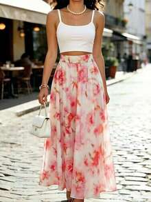 SHEIN Franclia 碎花高腰A字裙，白色底，粉色扎染花朵，轻盈飘逸，浪漫优雅，适合春夏外出或约会。 - 彩色 - 查看 1