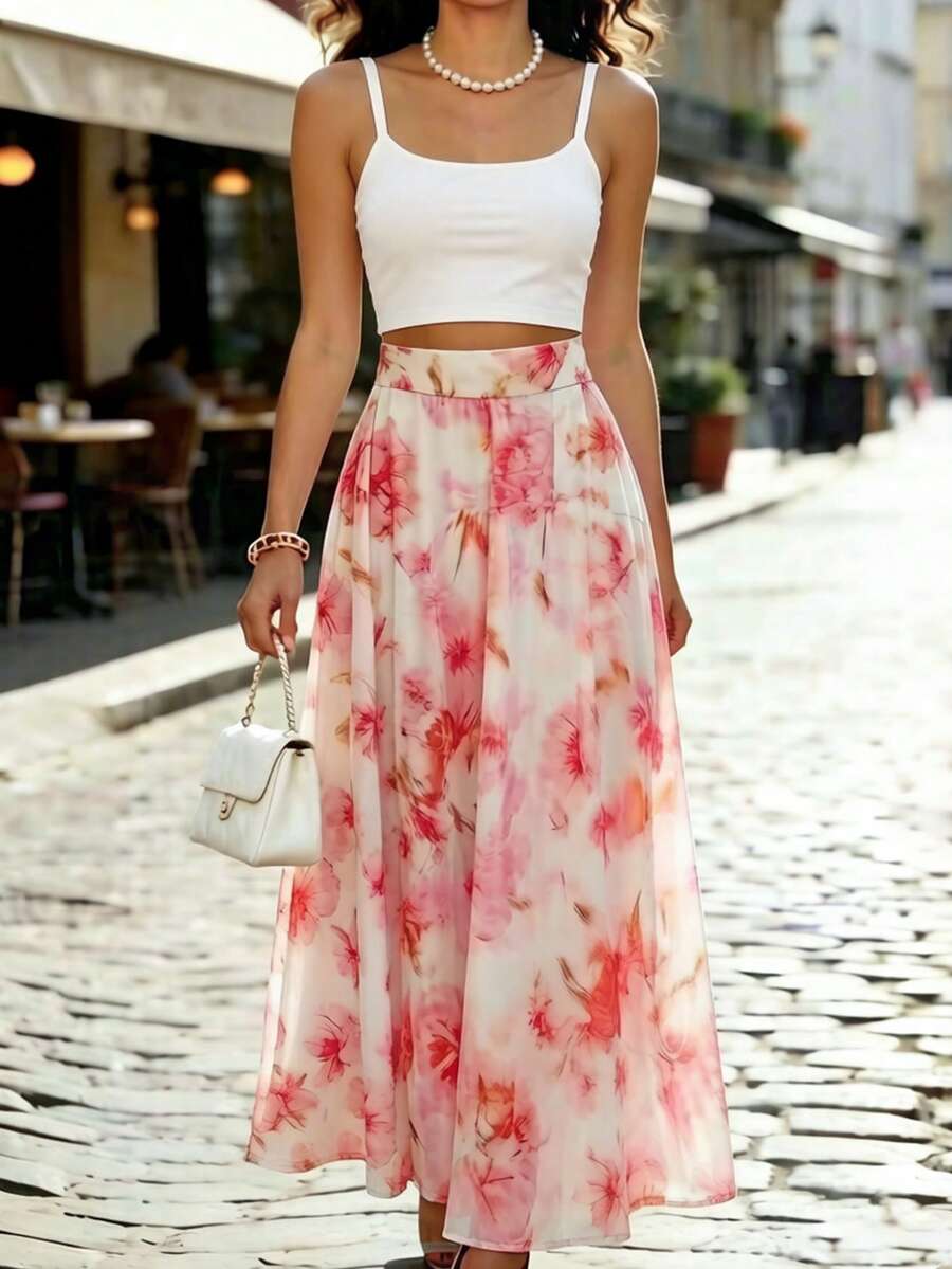 SHEIN Franclia 碎花高腰A字裙，白色底，粉色扎染花朵，轻盈飘逸，浪漫优雅，适合春夏外出或约会。 - 彩色 - 查看 1