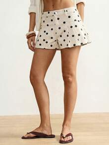 Bohemela Women's Polka Dot Print Pocket Button Denim Shorts - Black and White - View 5