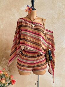 Soleia Plus Size Women Orange Asymmetrical Shoulder Top And Shorts 2 Pieces Set Autumn Boho Vacation Holiday Music Festival Summer Spring Outfit Beach - Multicolor - View 2