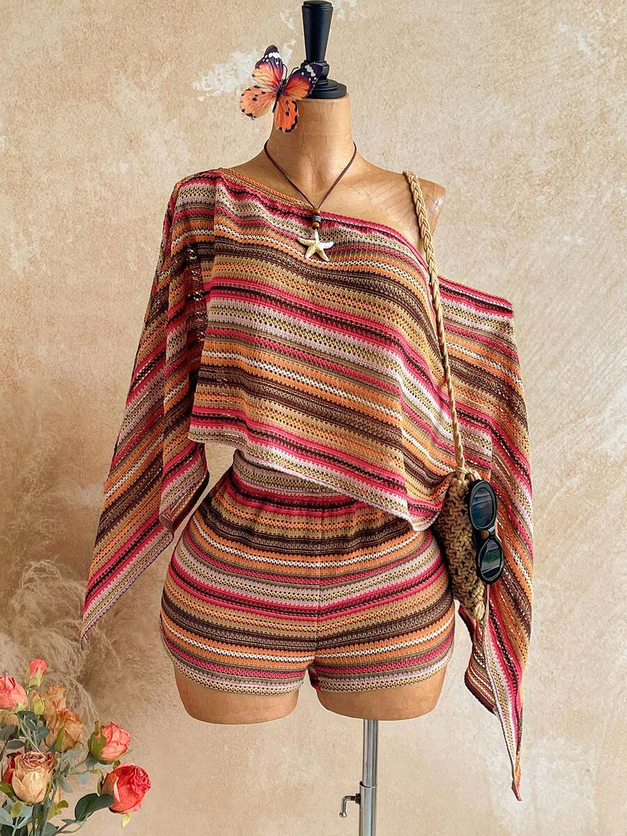 Soleia Plus Size Women Orange Asymmetrical Shoulder Top And Shorts 2 Pieces Set Autumn Boho Vacation Holiday Music Festival Summer Spring Outfit Beach