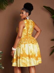 Maweii Vestido plus size com cintura franzida, decote redondo, sem mangas, para praia, férias e estampa sexy de Halloween. - Amarelo - Ver 6