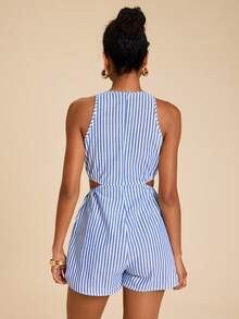 Travachic Bộ jumpsuit nữ không tay, khoét eo, kẻ sọc, thích hợp cho kỳ nghỉ, trang phục mùa hè cho phái nữ, jumpsuit mùa hè. - Xanh và trắng - Xem 3