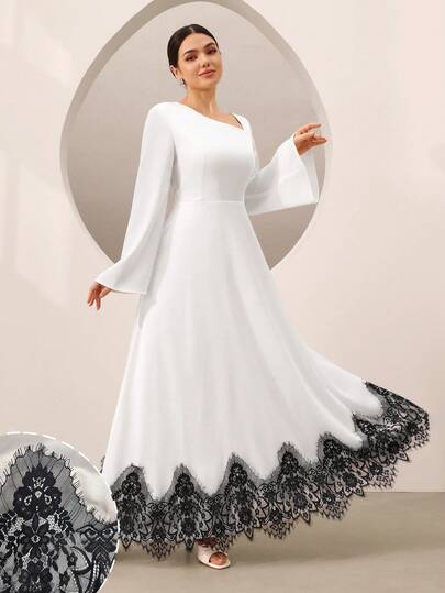 Graceveil Elegant Asymmetric Neck Lightweight Acetate Satin Color Block Lace Patchwork Long Sleeve Dress For Women